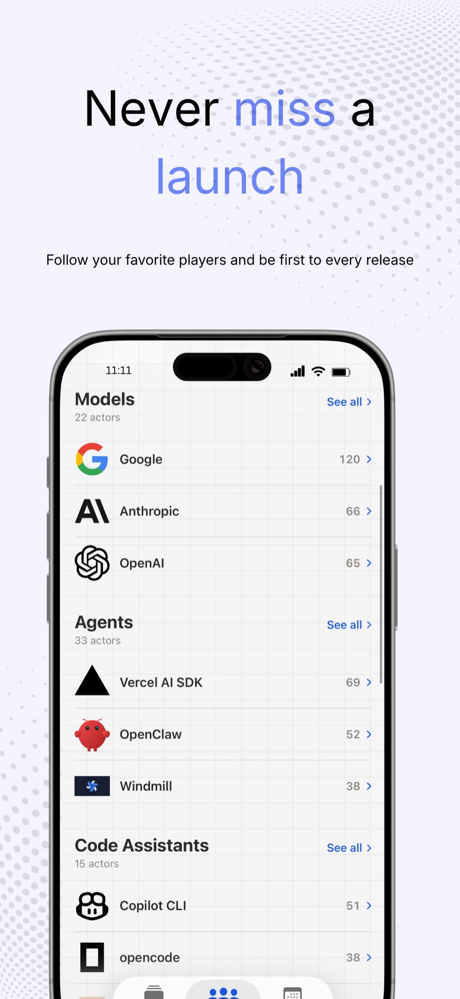 The list of AI actors and models to follow, sorted by category.